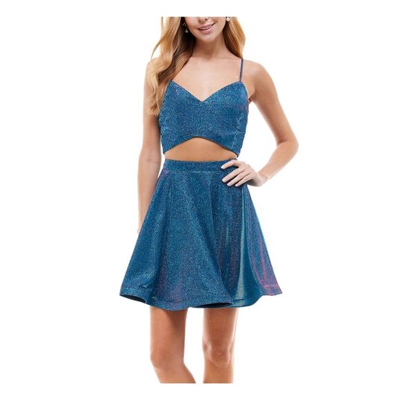 CITY STUDIO Dresses & Skirts - CITY STUDIO Womens Fit + Flare Mini Dress Turquoise Spaghetti Strap Juniors 0